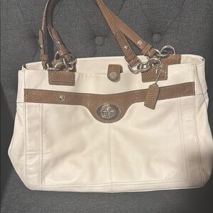 Coach Cream and Tan Shoulder Bag with Leather Accents
